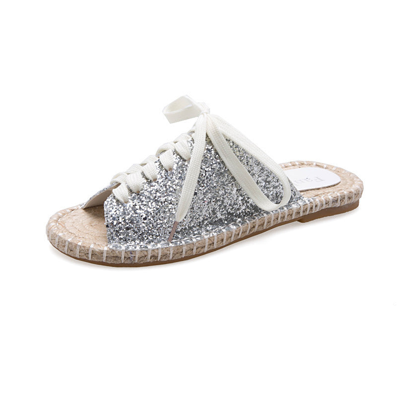 Flat Lace-Up Casual Open-Toed Sandals And Slippers, Rattan-Soled Straw Woven Women's Shoes
