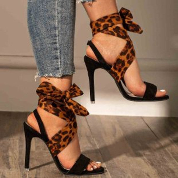 High Heel Leopard Print Ankle Strap Sandals