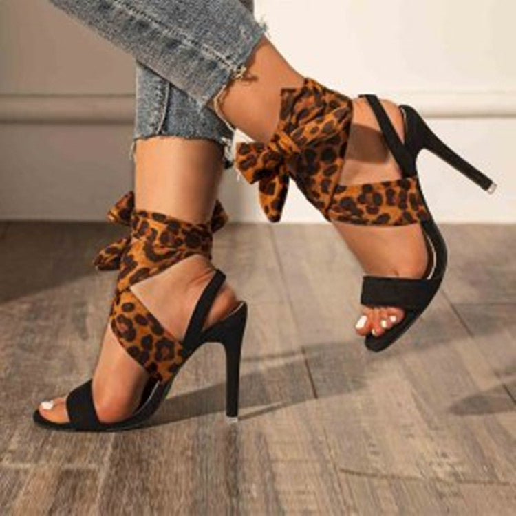 High Heel Leopard Print Ankle Strap Sandals