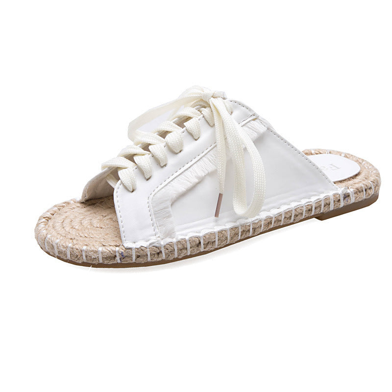 Flat Lace-Up Casual Open-Toed Sandals And Slippers, Rattan-Soled Straw Woven Women's Shoes