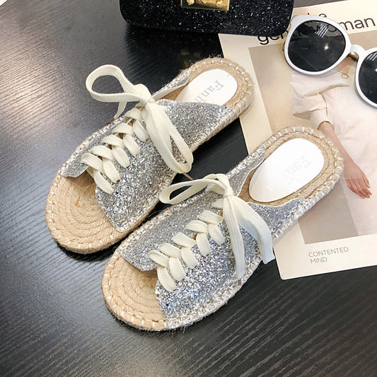 Flat Lace-Up Casual Open-Toed Sandals And Slippers, Rattan-Soled Straw Woven Women's Shoes