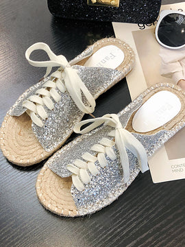Flat Lace-Up Casual Open-Toed Sandals And Slippers, Rattan-Soled Straw Woven Women's Shoes