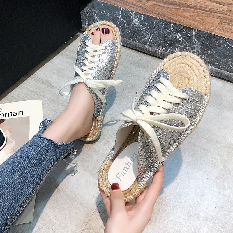 Flat Lace-Up Casual Open-Toed Sandals And Slippers, Rattan-Soled Straw Woven Women's Shoes