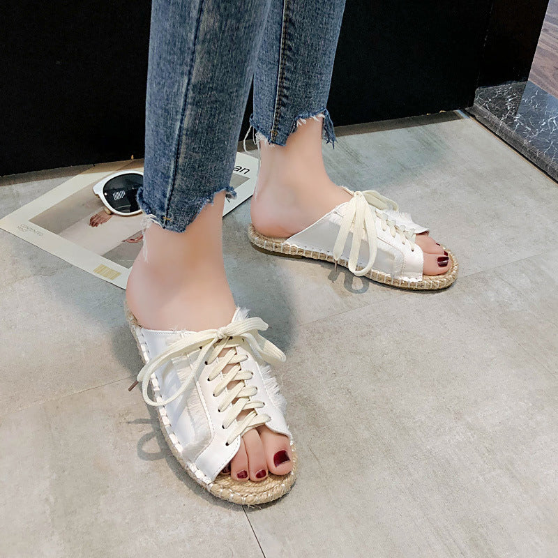 Flat Lace-Up Casual Open-Toed Sandals And Slippers, Rattan-Soled Straw Woven Women's Shoes