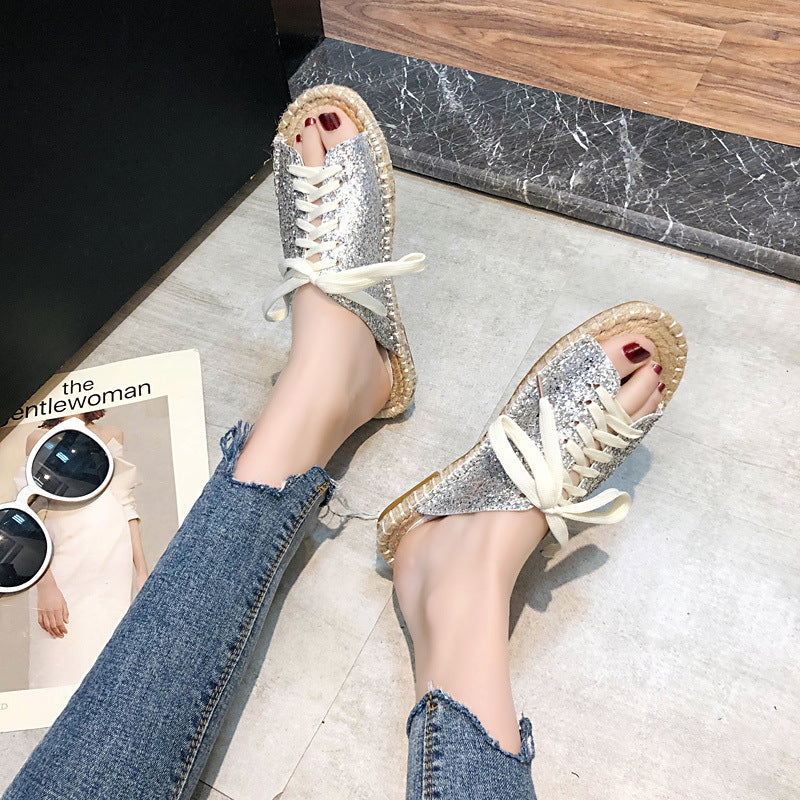 Flat Lace-Up Casual Open-Toed Sandals And Slippers, Rattan-Soled Straw Woven Women's Shoes