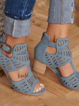 Block Heel Cutout Back Zipper Buckle Sandals