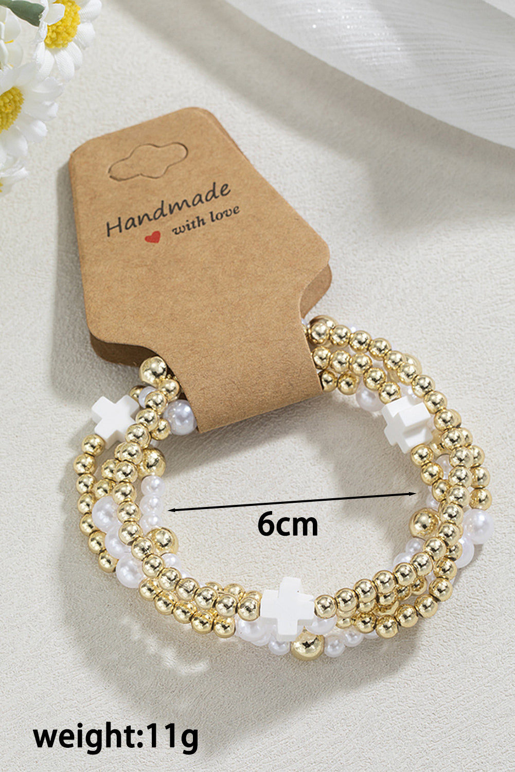 White Cross Pearl Decor Beaded Elastic Multi Layered Bracelet