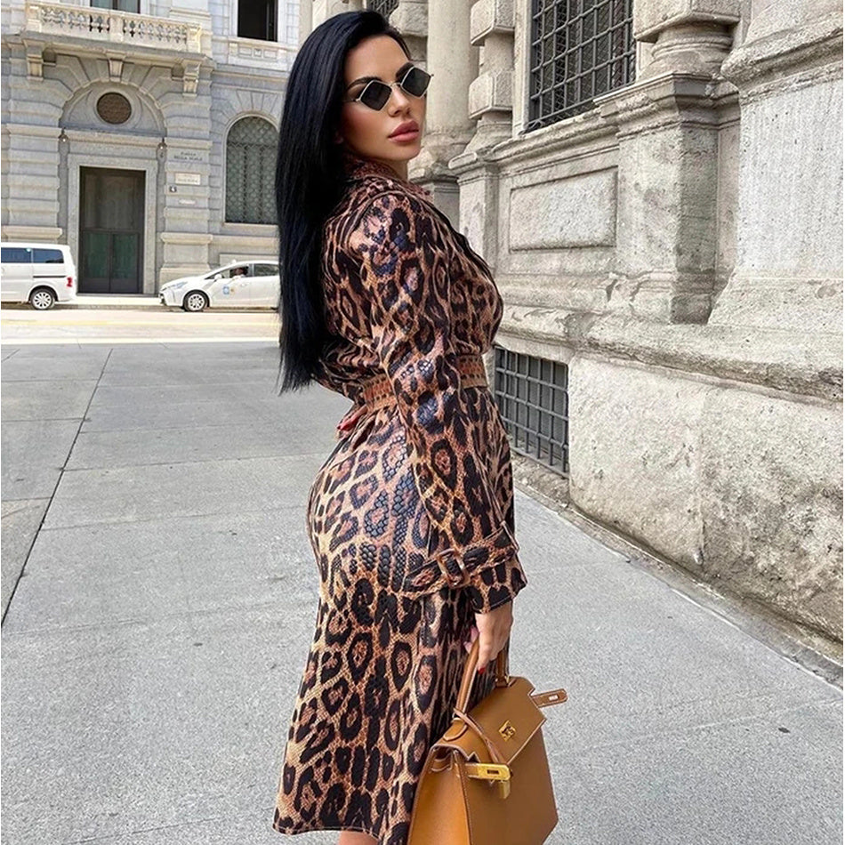 Long-sleeved Leopard Print Shiny Suede Fashion Lace-up Trench Coat