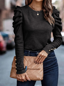 Black Buttoned Puff Long Sleeve Sheath Top